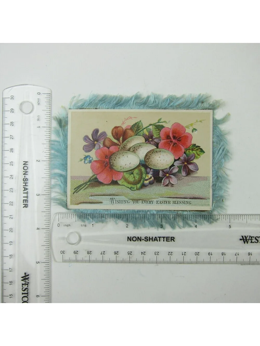 Victorian Greeting Card Easter Blue Silk Fringe Double Sided Flowers Egg Antique